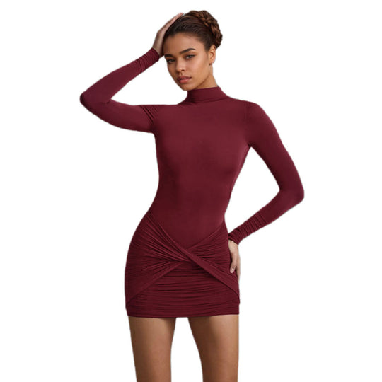 Damen figurbetontes Langarm-Minikleid mit Stehkragen, taillierter Sculpting-Silhouette und gerafftem Twist‑Rock Nord Taschen