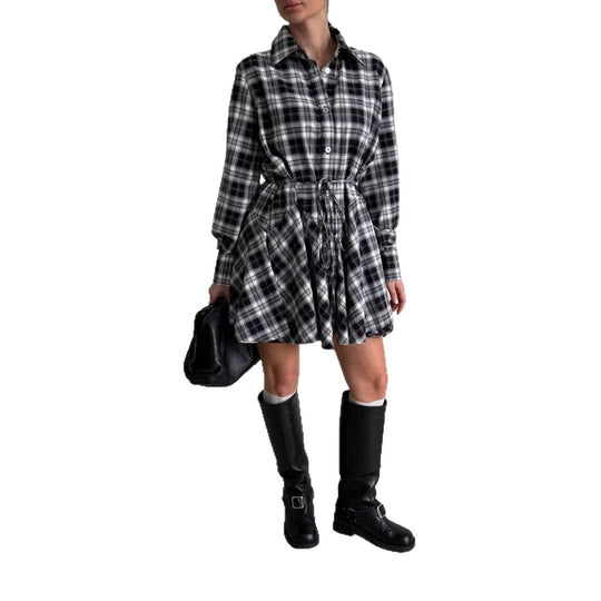 Damen Kariertes Hemdblusen-Minikleid mit ausgestellter Volant-Taille Nord Taschen