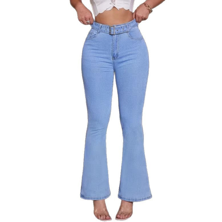 Damen Hochtaillierte Flared-Jeans mit formendem Komfortbund und Ziergürtel Nord Taschen