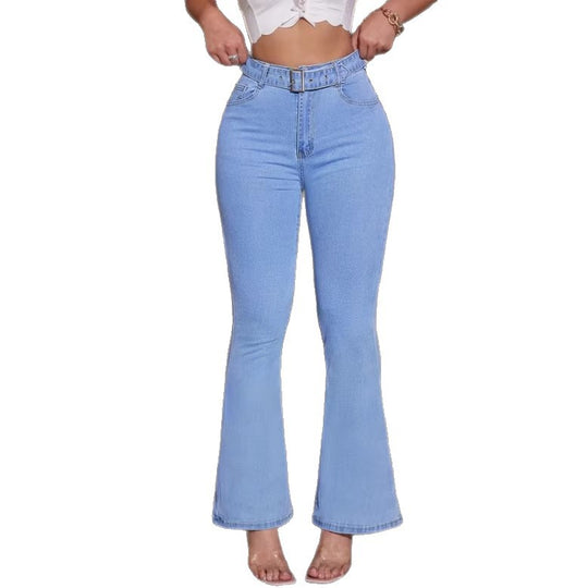 Damen Hochtaillierte Flared-Jeans mit formendem Komfortbund und Ziergürtel Nord Taschen