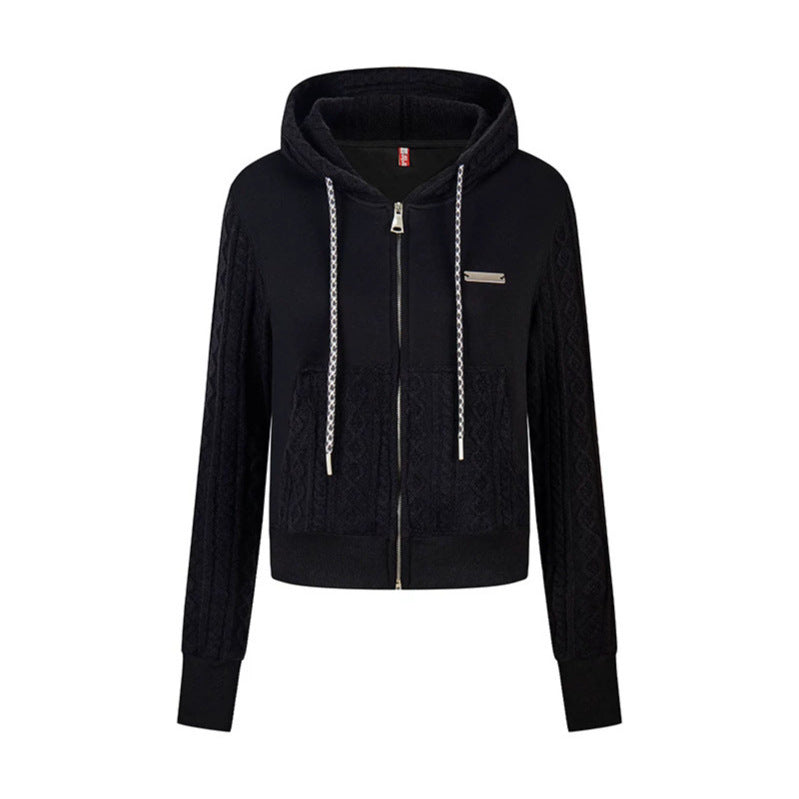 Damen Kurz geschnittene Kapuzen-Jacke mit Strukturstrick-Paneelen, Kordelzug und Metall-Reißverschluss Nord Taschen