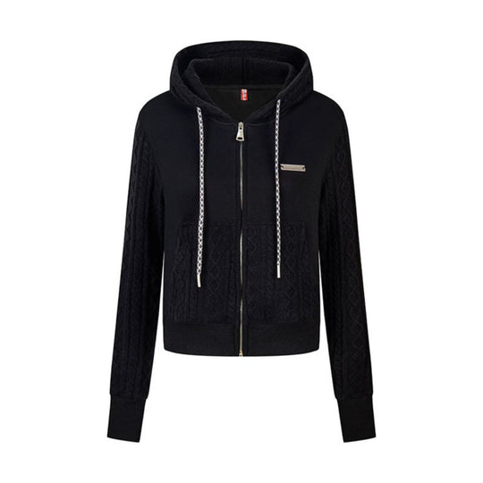 Damen Kurz geschnittene Kapuzen-Jacke mit Strukturstrick-Paneelen, Kordelzug und Metall-Reißverschluss Nord Taschen