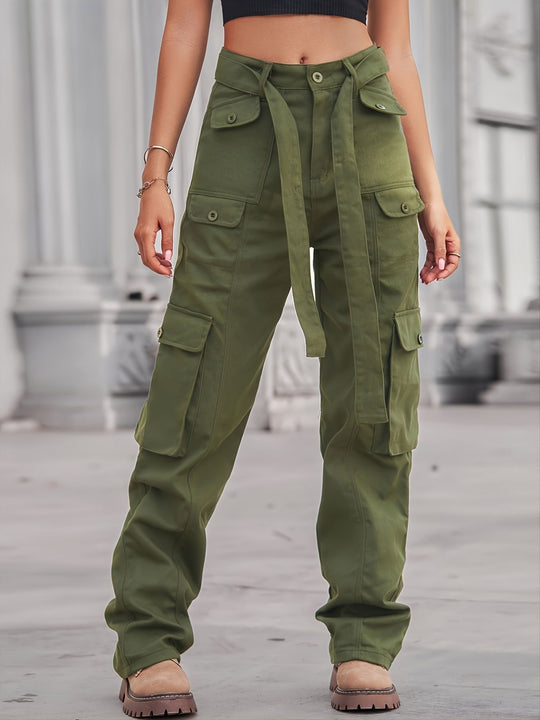 Damen Cargo-Hose mit hoher Taille, Bindegürtel und Mehrfach‑Pattentaschen Nord Taschen