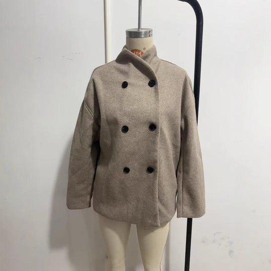 Damen Kurzer Doppelreihiger Wollmantel mit Stehkragen Nord Taschen