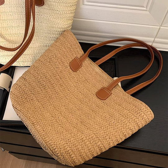 Damen geflochtene Strandtasche mit eleganten Ledergriffen und geräumigem Innenraum Nord Taschen