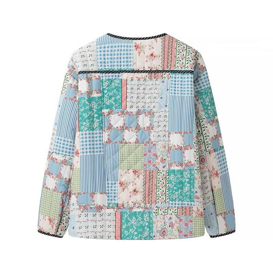 Damen gesteppte Patchwork-Quiltjacke mit Rundhalsausschnitt, Zierborte und Frontknöpfen Nord Taschen