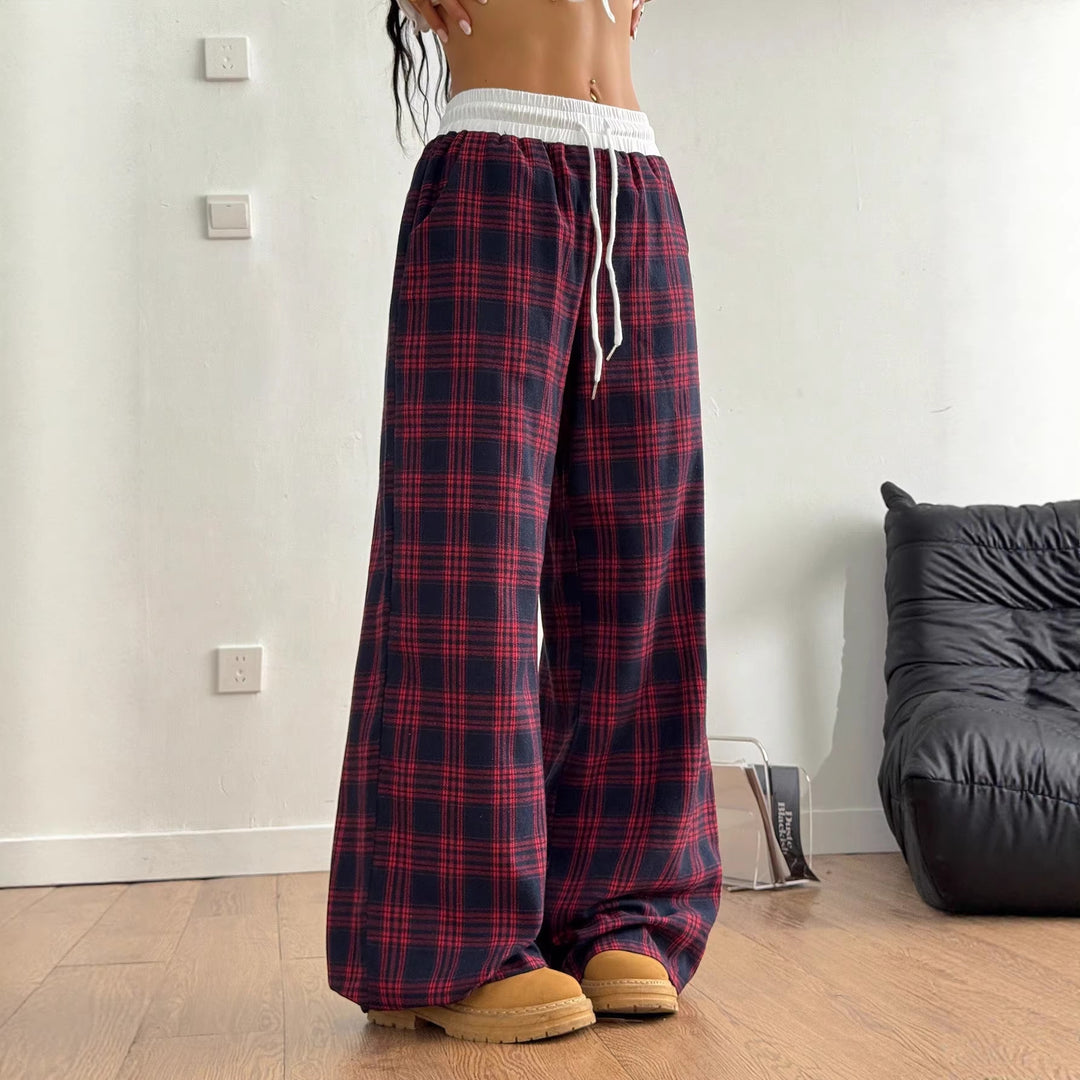 Damen Karierte Relax-Hose mit weitem Bein, Rippbund und Eingrifftaschen Nord Taschen