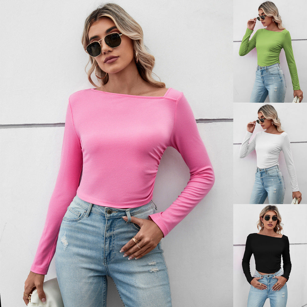 Damen figurbetontes geripptes Langarm-Cropped-Top mit asymmetrischer Schulterlinie und taillierter Stretch-Passform Nord Taschen