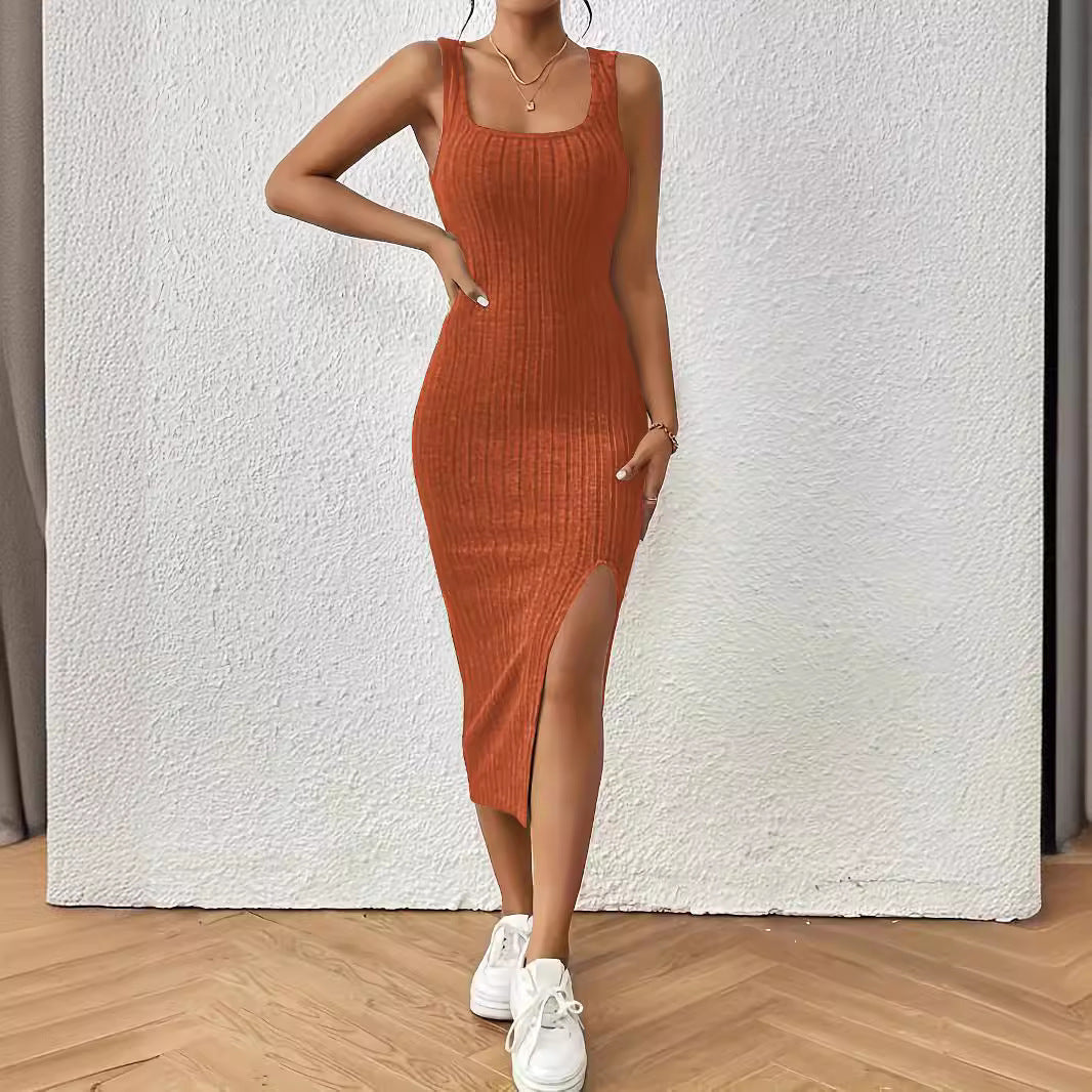 Damen figurbetontes Maxikleid mit hohem Schlitz und dekorativem Rippenmuster