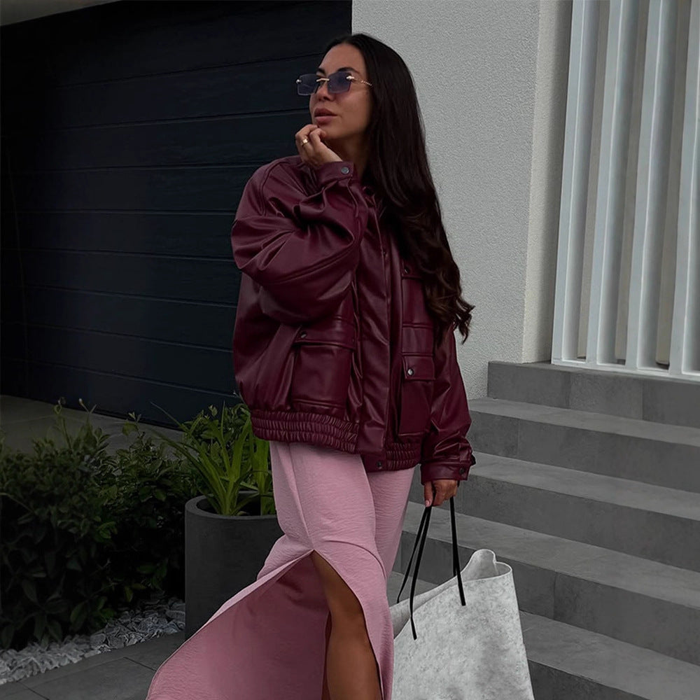Damen Oversize Kunstlederjacke mit aufgesetzten Druckknopf-Taschen und elastischem Saum Nord Taschen