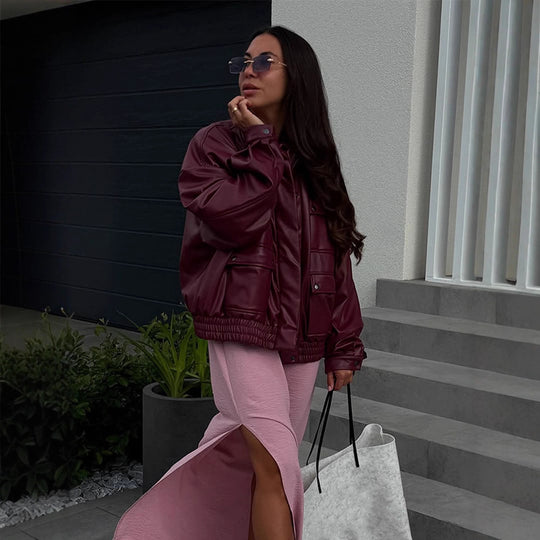 Damen Oversize Kunstlederjacke mit aufgesetzten Druckknopf-Taschen und elastischem Saum Nord Taschen