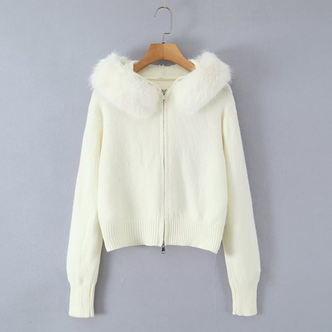 Damen Kurze Strickjacke mit Reißverschluss und abnehmbarem Kunstfellkragen Nord Taschen