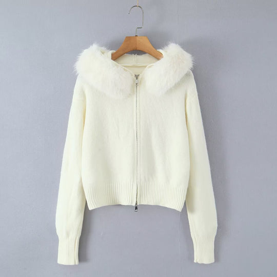 Damen Kurze Strickjacke mit Reißverschluss und abnehmbarem Kunstfellkragen Nord Taschen