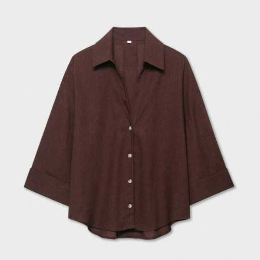 Damen Leichte Oversize Leinenoptik Bluse mit Dreiviertelärmeln und durchgehender Knopfleiste Nord Taschen