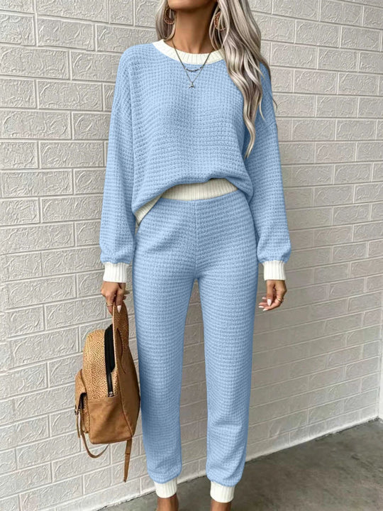 Damen Waffelstrick-Komfort-Set mit hochtaillierter Slim-Jogginghose und Oversize-Pullover Nord Taschen
