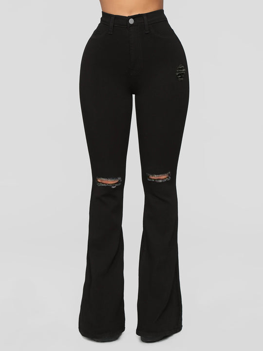 Damen High‑Waist Flared‑Jeans mit Knie‑Rissen und sculptendem Stretchbund Nord Taschen