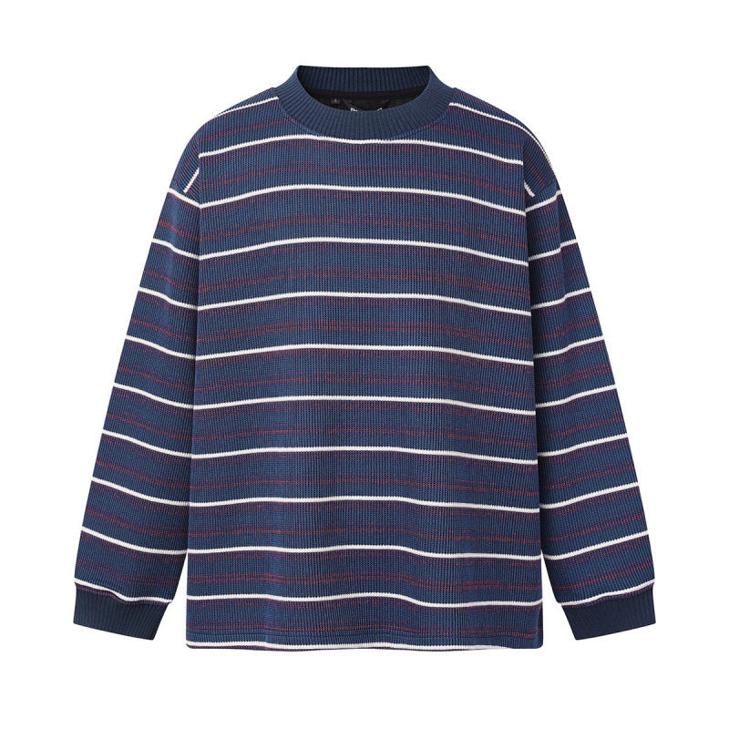 Unisex Locker geschnittener Strukturstrick-Pullover mit Rundhals und maritimen Streifen Nord Taschen