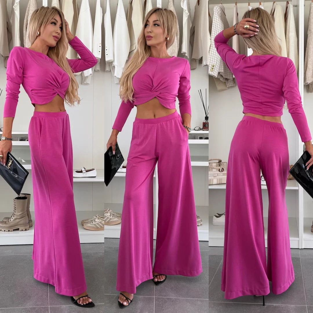 Damen figurnahes Twist-Cropped-Shirt mit weitem High-Waist Palazzo-Hose aus fließendem Jersey Nord Taschen