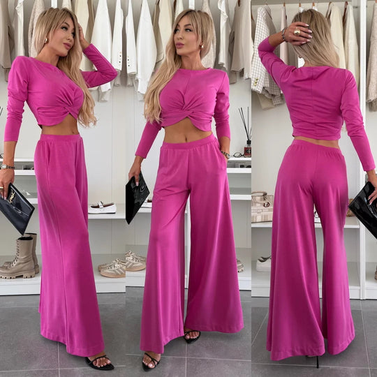 Damen figurnahes Twist-Cropped-Shirt mit weitem High-Waist Palazzo-Hose aus fließendem Jersey Nord Taschen