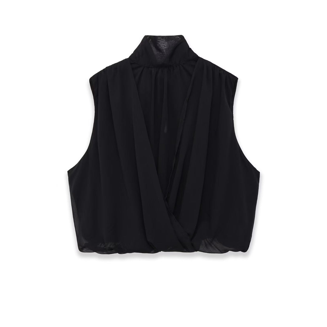 Damen Ärmellose Chiffonbluse mit Schleifenkragen und elastischem Saum Nord Taschen