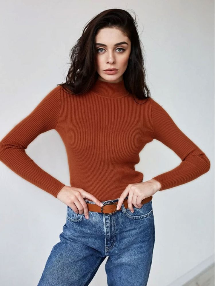 Damen Kurzgeschnittener Rippstrick‑Rollkragenpullover mit taillierter Passform Nord Taschen