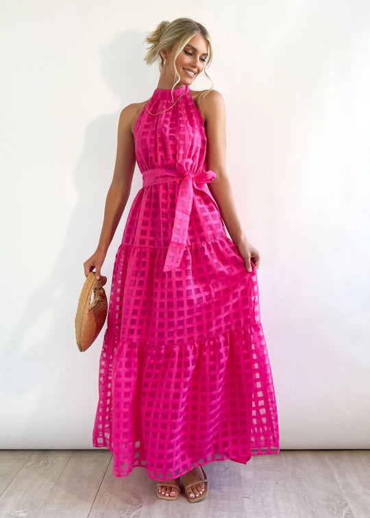 Damen Maxikleid mit raffiniertem Hochkragen und gestuftem Design