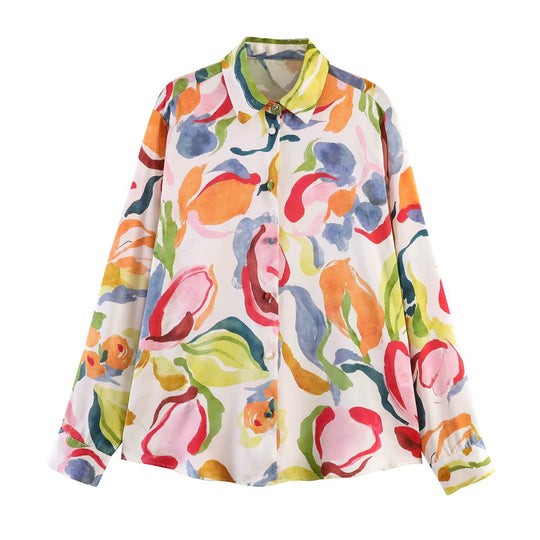 Damen bedruckte Oversize-Bluse mit Hemdkragen und Perlmuttknöpfen Nord Taschen
