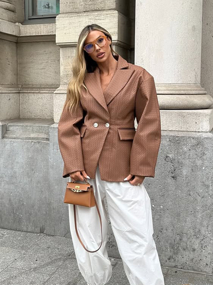 Damen Boxy-Blazer mit taillierter Drapierung und strukturierter Lederimitat-Optik Nord Taschen