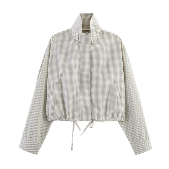 Damen Gekürzte karierte leichte Blousonjacke mit Stehkragen, Tunnelzugsaum und verdeckter Knopfleiste Nord Taschen