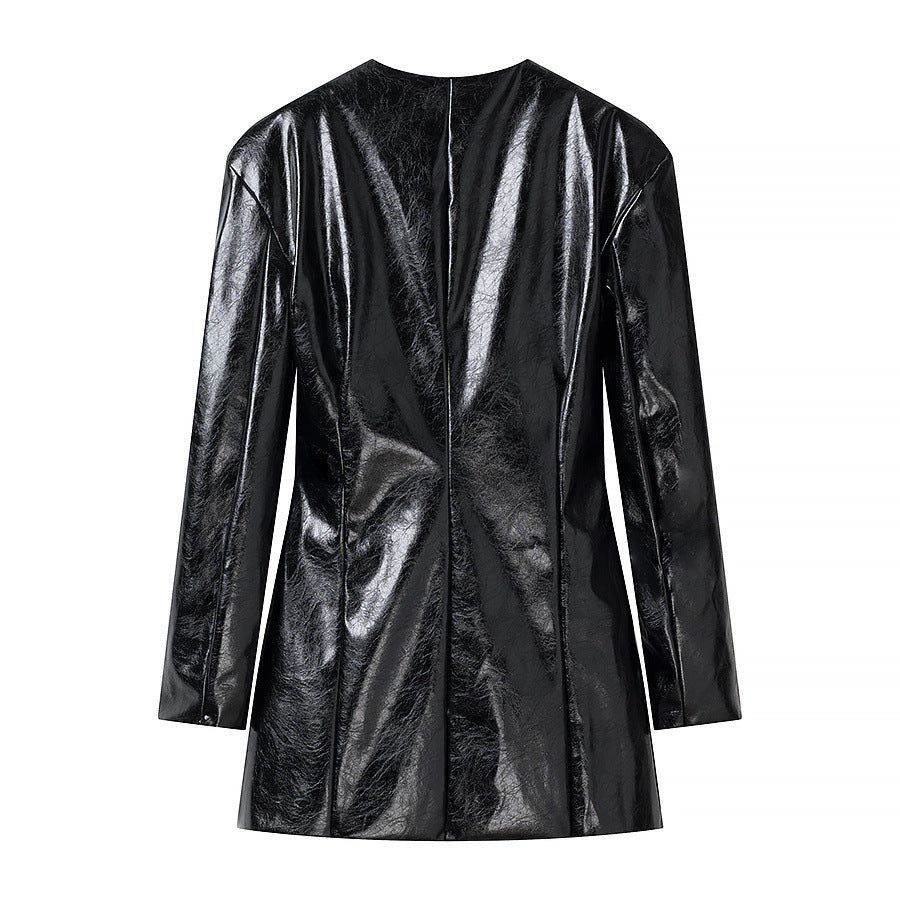 Damen Lackblazer-Minikleid mit taillierten Abnähern und goldenen Zierknöpfen Nord Taschen