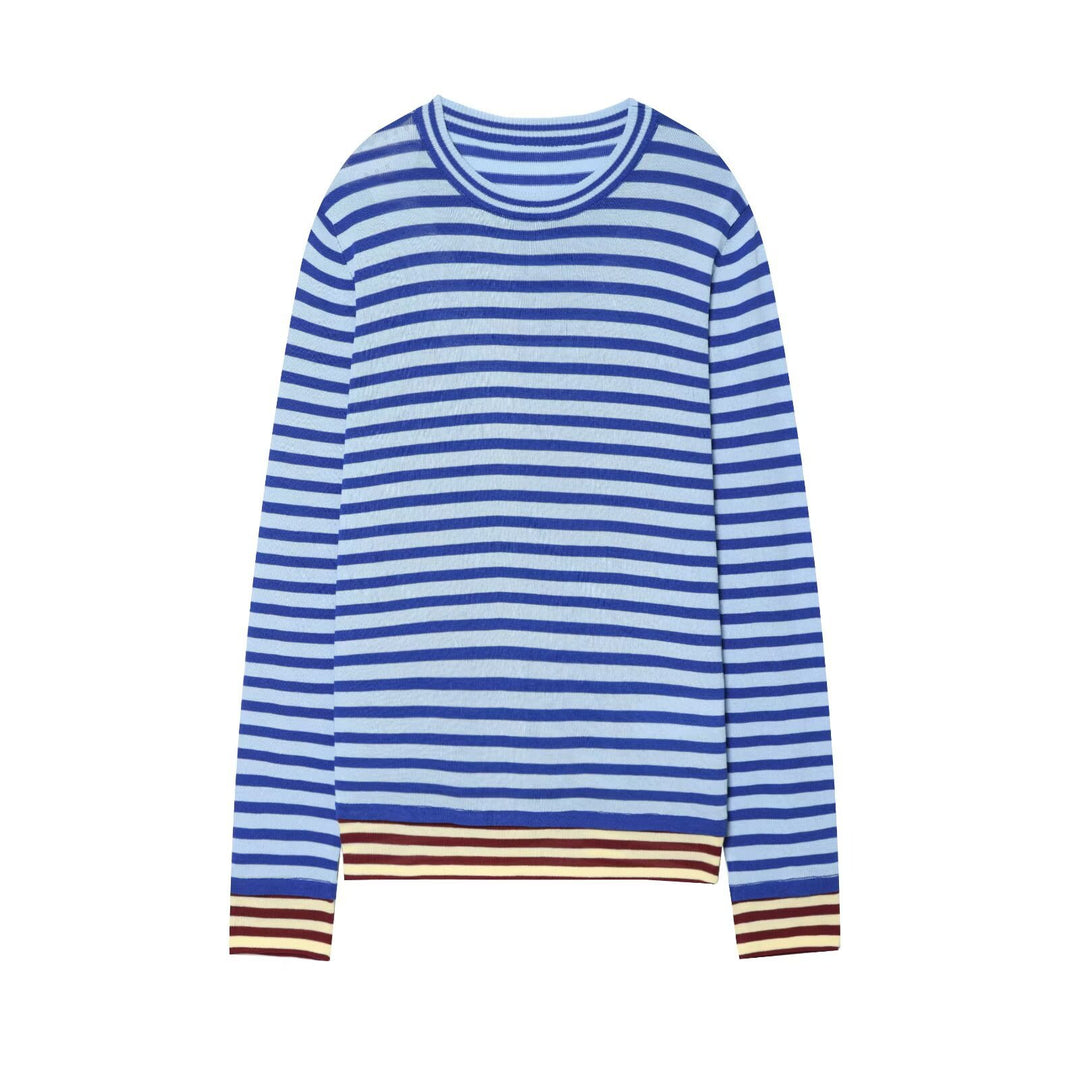 Damen Gestreifter Feinstrickpullover mit Rundhalsausschnitt und kontrastierenden Bündchen Nord Taschen