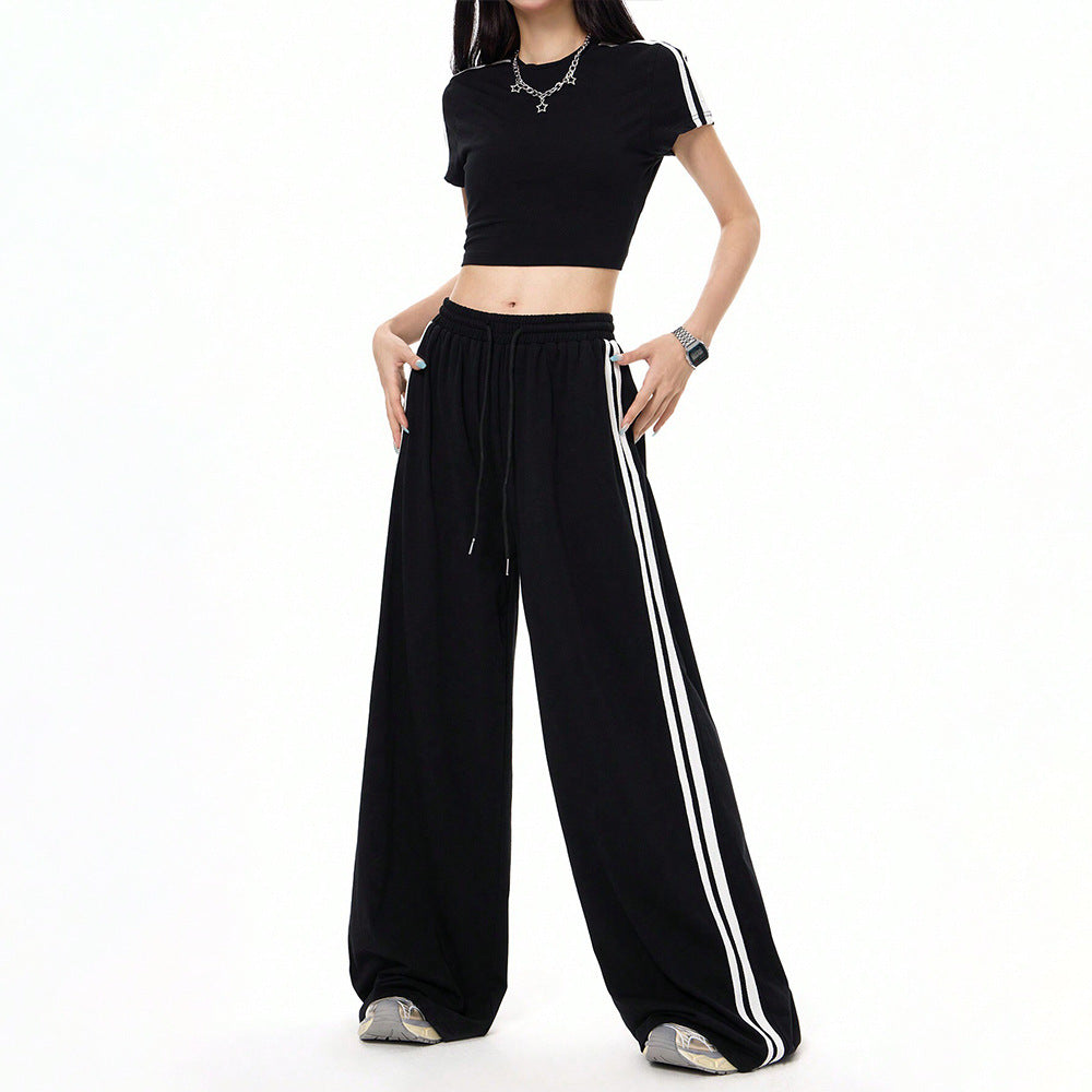 Damen lässige Highwaist weite Sweathose mit elastischem Bund, Tunnelzug und seitlichen Kontraststreifen Nord Taschen