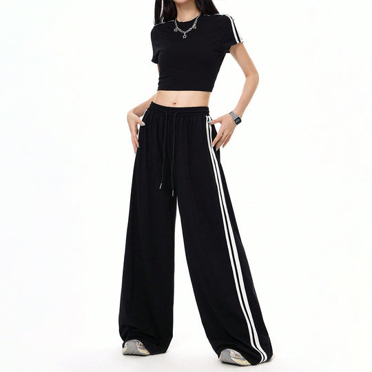 Damen lässige Highwaist weite Sweathose mit elastischem Bund, Tunnelzug und seitlichen Kontraststreifen Nord Taschen