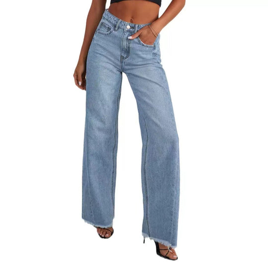 Damen Jeans mit hoher Taille und weitem Bein sowie ausgefranstem Saum Nord Taschen