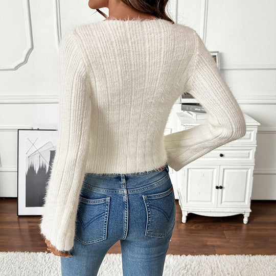 Damen Eleganter Pullover mit Rundhalsausschnitt und Knopfdetails Nord Taschen