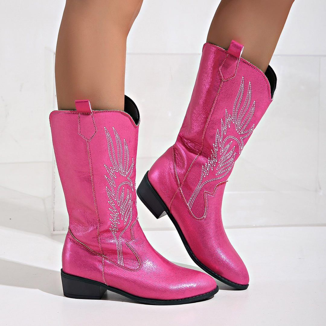 Damen nan Cowgirl-Kniehoher Stiefel mit dekorativer Stickerei, Pull‑Tabs und komfortablem Blockabsatz Nord Taschen