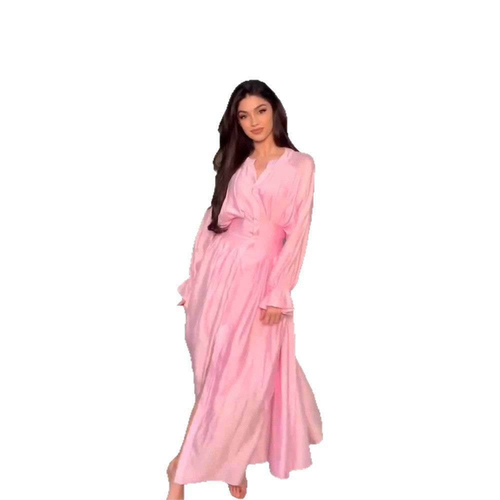 Damen Maxikleid aus Satin mit taillierter Raffung, Stehkragen und vorderem Schlitz Nord Taschen
