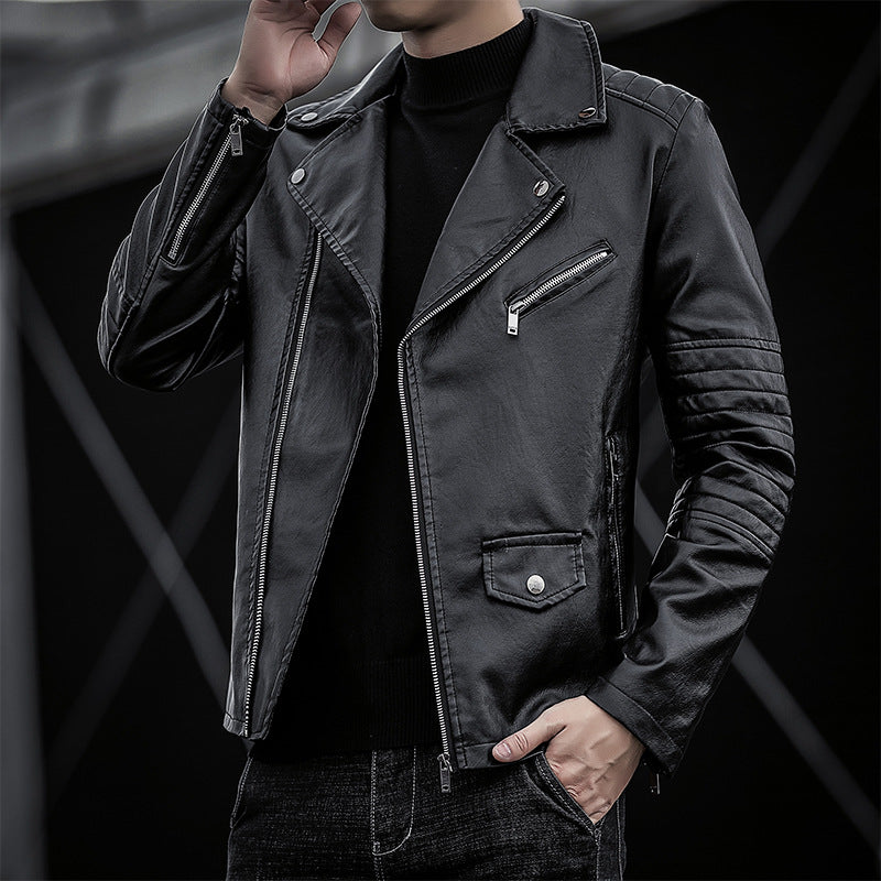 Herren schmal geschnittene Kunstleder-Motojacke mit gesteppter Schulter- und Ärmeldetail Nord Taschen