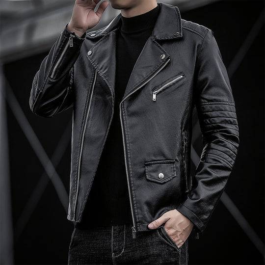 Herren schmal geschnittene Kunstleder-Motojacke mit gesteppter Schulter- und Ärmeldetail Nord Taschen