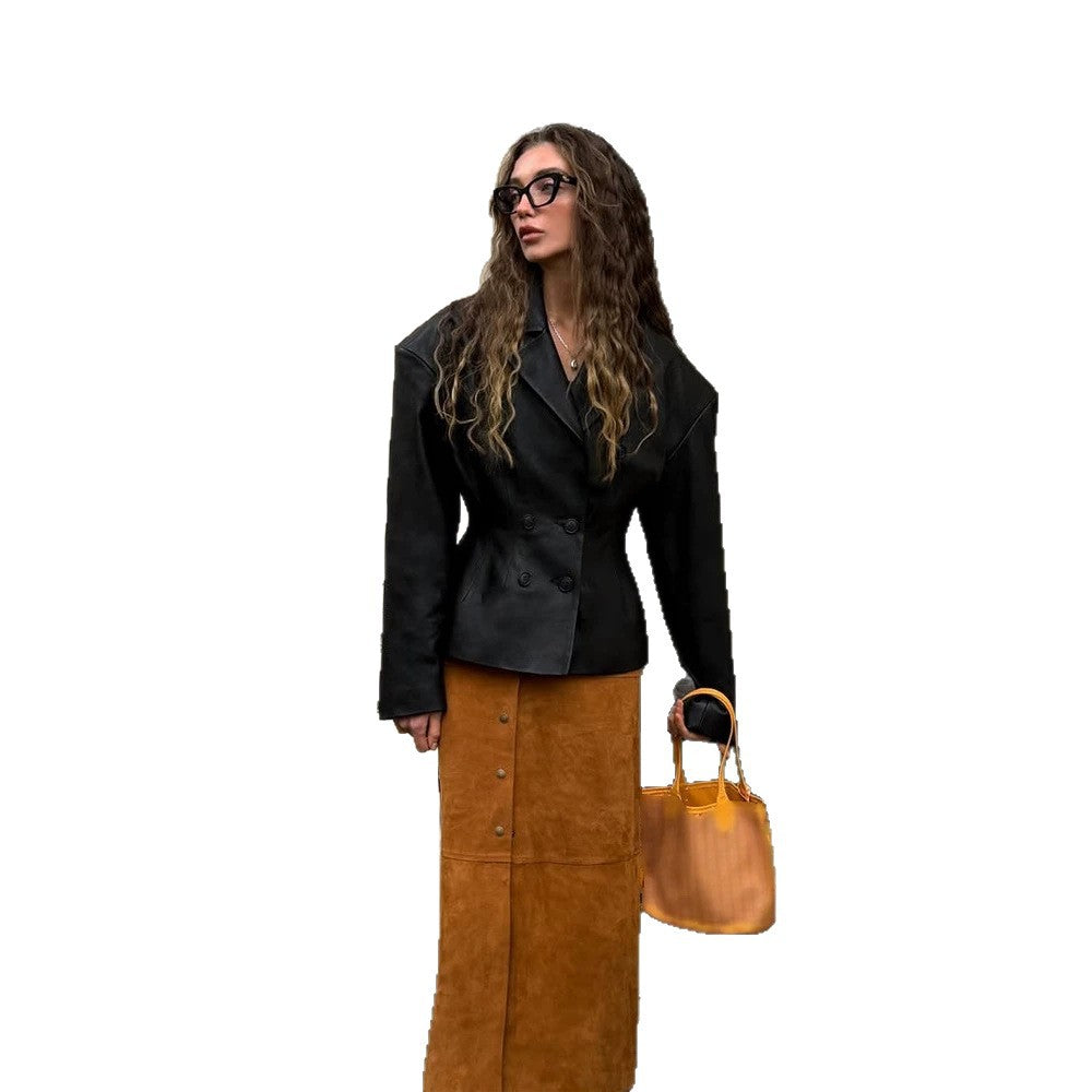 Damen Modischer Blazer-Bomber aus veganem Lederimitat mit doppeltreihiger Front Nord Taschen