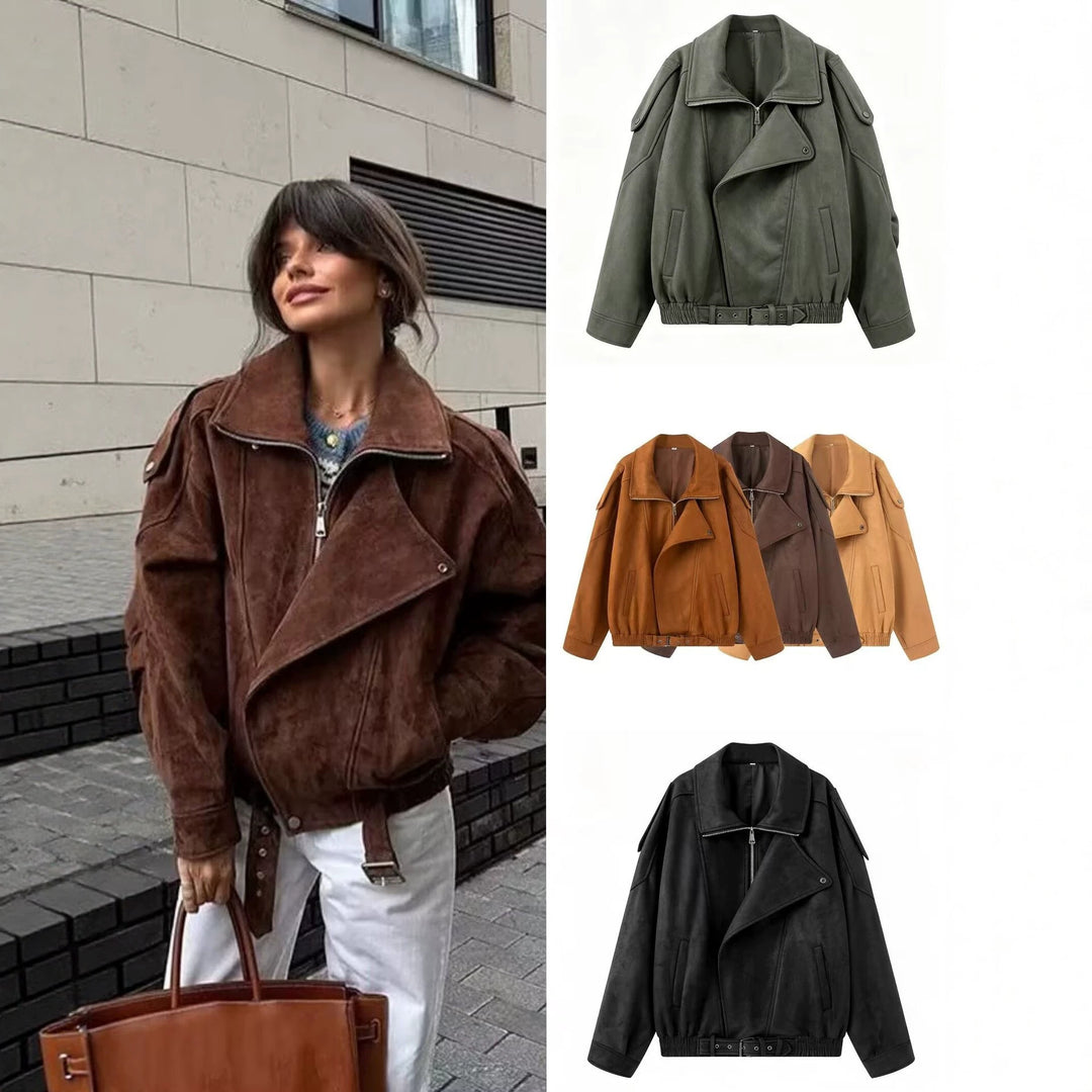 Damen Oversize Bomberjacke mit breitem Reverskragen, Taillengürtel und Schulterklappen Nord Taschen