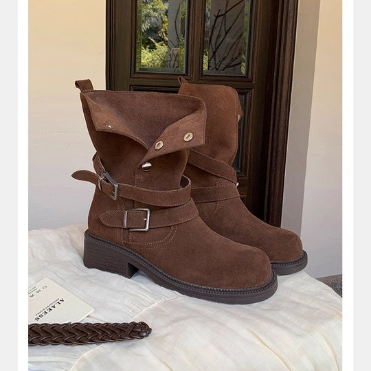 Damen Veloursleder-Bikerstiefel mit Schnallen und mittlerem Blockabsatz Nord Taschen