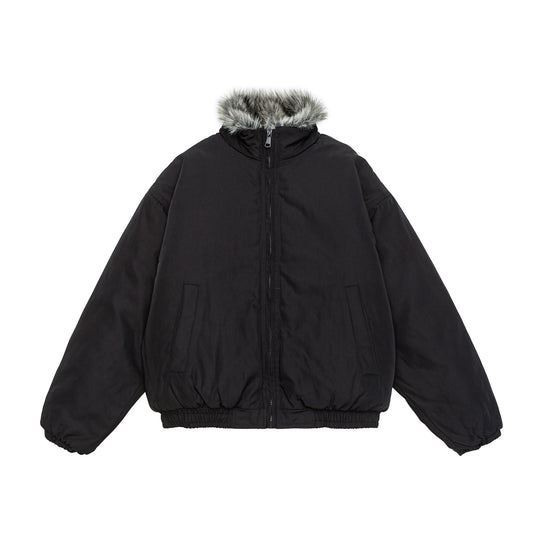 Damen Oversize wattierte Bomberjacke mit elastischem Saum und Kunstfellbesatz Nord Taschen