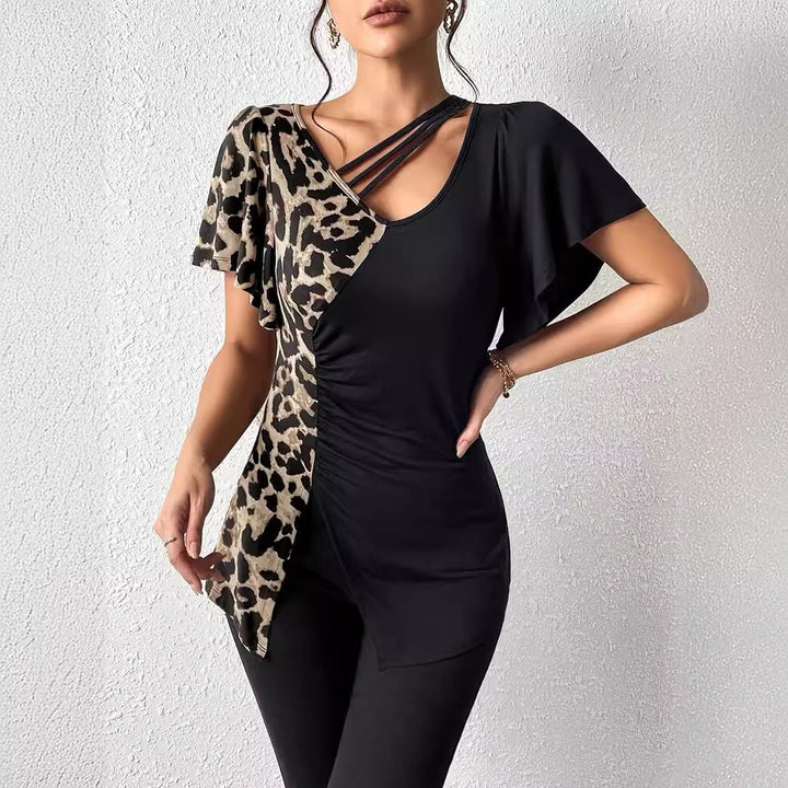 Damen Designermode Oberteil mit asymmetrischem Schnitt und Leopardenmuster
