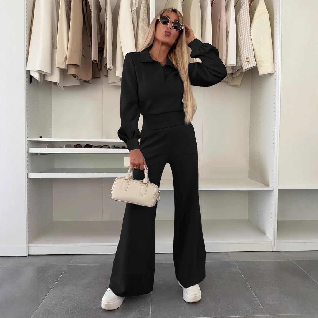 Damen Zweiteiliges Lounge-Set mit Polokragen und taillenhoher Palazzohose Nord Taschen