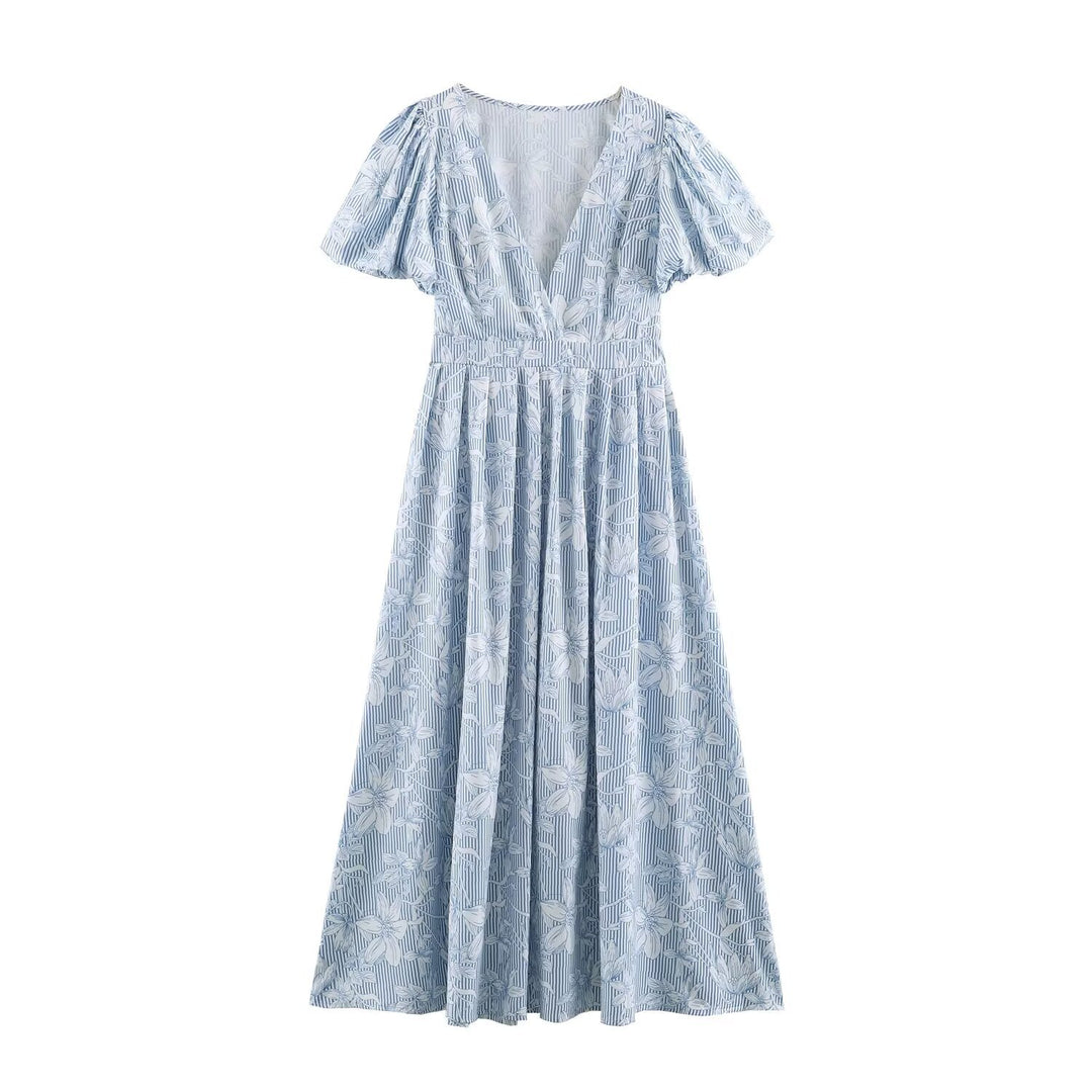 Damen Midikleid mit tiefem V-Ausschnitt, Puffärmeln und tailliertem A-Linienrock Nord Taschen