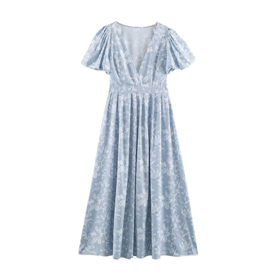 Damen Midikleid mit tiefem V-Ausschnitt, Puffärmeln und tailliertem A-Linienrock Nord Taschen