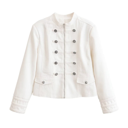 Damen Kurze Uniformjacke mit Stehkragen, Zierriegeln und Metallknopf‑Detail Nord Taschen