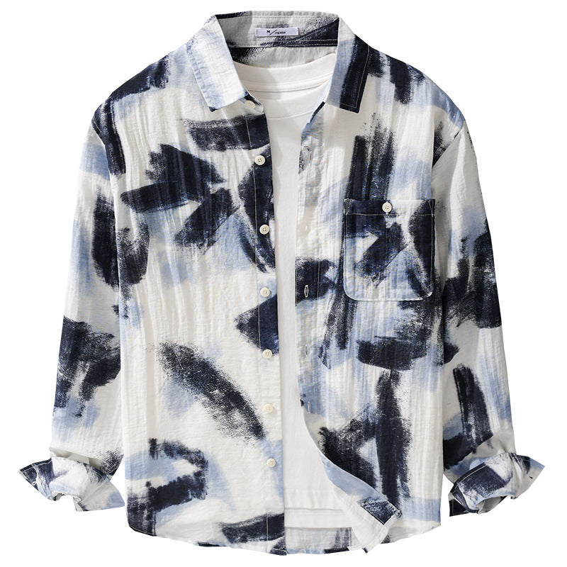 Herren Langarm-Hemdjacke mit abstraktem Pinselprint und feiner Crinkle‑Struktur Nord Taschen