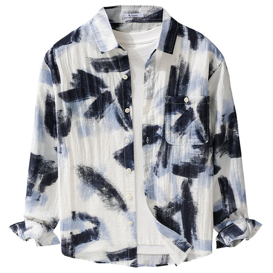 Herren Langarm-Hemdjacke mit abstraktem Pinselprint und feiner Crinkle‑Struktur Nord Taschen